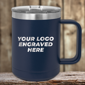 A navy blue insulated mug by Kodiak Coolers with a large handle and clear lid, engraved with “Realtor Closing Gifts for Clients - Your Custom Company Logo”—ideal as a personalized or promotional gift—on a wooden surface.