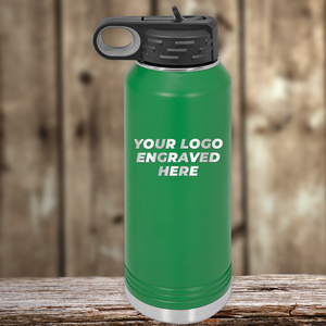 A green Kodiak Coolers stainless steel water bottle with black lid featuring "YOUR LOGO ENGRAVED HERE"—the perfect customizable Realtor closing gift for clients, ideal alongside our personalized mugs.