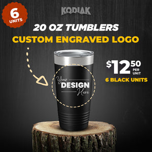 Promotional image for 20 oz Kodiak Coolers tumblers with custom engraved tumblers option, priced at $12.50 each for a set of 6 black units.