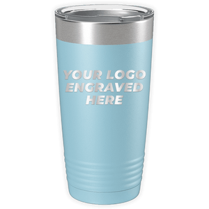 Light blue Custom Logo 20 oz Tumblers - SPECIAL OFFER - Front side Logo Included d by Kodiak Coolers with a silver lid and the text "YOUR LOGO ENGRAVED HERE" on the surface—an ideal personalized mug for a unique promotional gift.