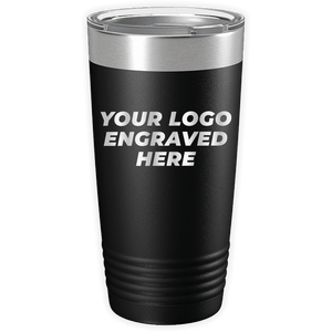 A black thermal tumbler with a stainless steel rim and clear lid, featuring the text "YOUR LOGO ENGRAVED HERE" in the center. Perfect as a promotional gift, these Custom Logo 20 oz Tumblers - SPECIAL OFFER - Front side Logo Included from Kodiak Coolers offer a stylish way to showcase your brand.
