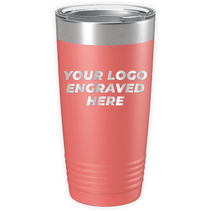 A pink insulated tumbler with a silver lid, text on the tumbler reads "YOUR LOGO ENGRAVED HERE". Perfect as a promotional gift, these Kodiak Coolers Custom Logo 20 oz Tumblers - SPECIAL OFFER - Front side Logo Included make for a unique and personalized touch.