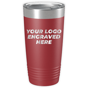 A red tumbler with a silver lid and the words "YOUR LOGO ENGRAVED HERE" printed in white text on the front, perfect as a promotional gift. This is the Custom Logo 20 oz Tumblers - SPECIAL OFFER - Front side Logo Included from Kodiak Coolers.