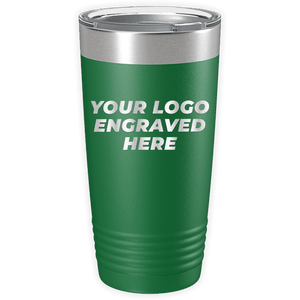 A green insulated travel tumbler with a silver lid and the words "YOUR LOGO ENGRAVED HERE" printed on the side. Ideal as a promotional gift, these Custom Logo 20 oz Tumblers - SPECIAL OFFER - Front side Logo Included from Kodiak Coolers make your brand stand out.