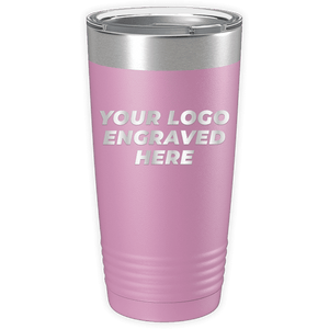 A pink travel tumbler with a stainless steel lid, text on the tumbler reads "Your Logo Engraved Here." Perfect as personalized mugs or a promotional gift, Custom Logo 20 oz Tumblers - SPECIAL OFFER - Front side Logo Included by Kodiak Coolers.