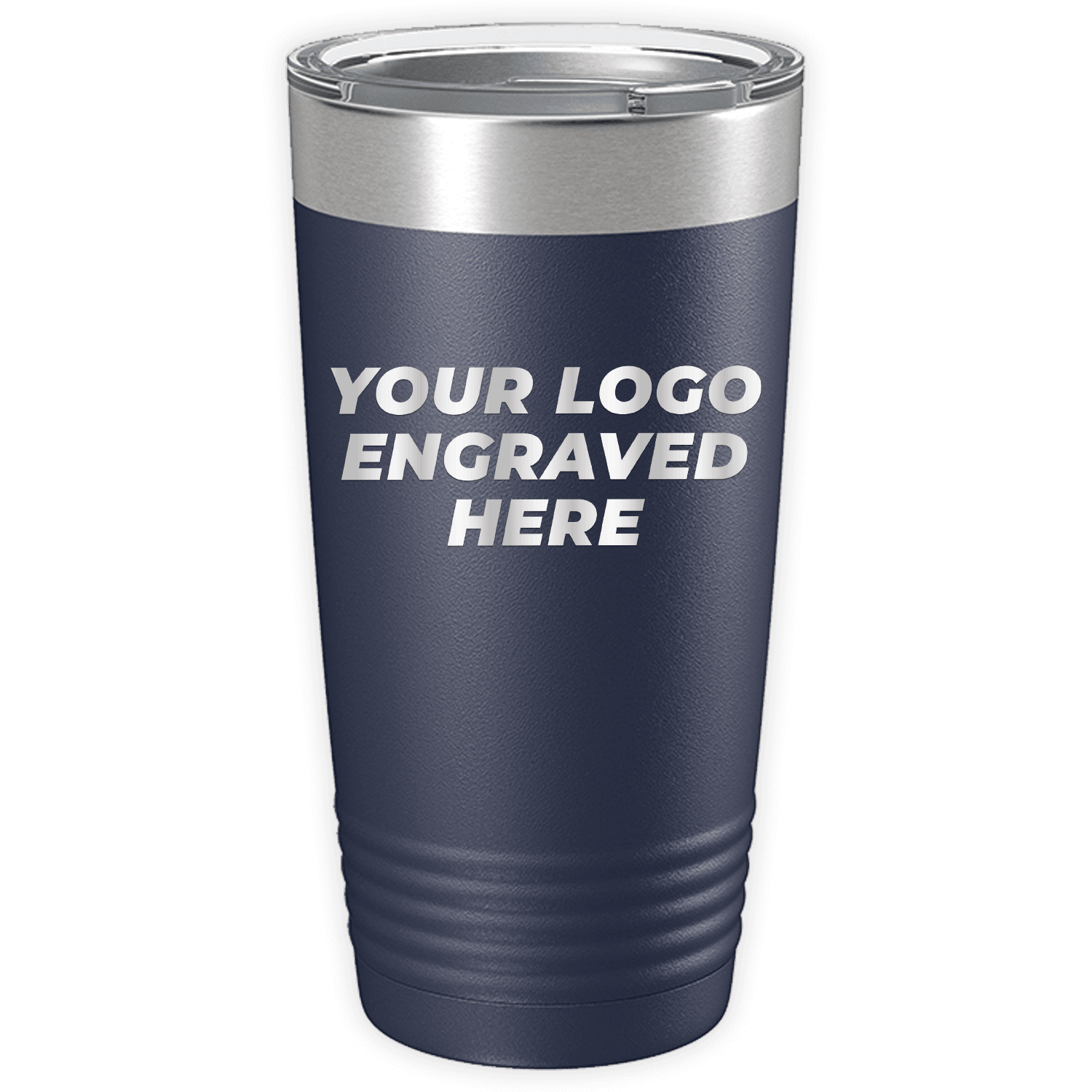 A navy blue tumbler with a silver lid, featuring the text "YOUR LOGO ENGRAVED HERE" in white letters on its front, makes an excellent promotional gift. *Kodiak Coolers - Custom Logo 20 oz Tumblers - SPECIAL OFFER - Front side Logo Included*