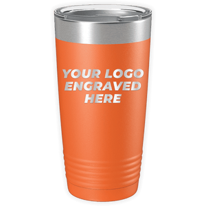 A Kodiak Coolers Custom Logo 20 oz Tumblers - SPECIAL OFFER - Front side Logo Included d in orange with a lid and space for custom logo engraving on its body, perfect as a promotional gift or personalized mug.