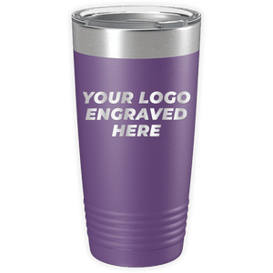 A purple Kodiak Coolers Custom Logo 20 oz Tumbler - SPECIAL OFFER - Front side Logo Included with a silver lid and the text "YOUR LOGO ENGRAVED HERE" written in white, making it an ideal promotional gift. These personalized mugs are perfect for showcasing your brand.