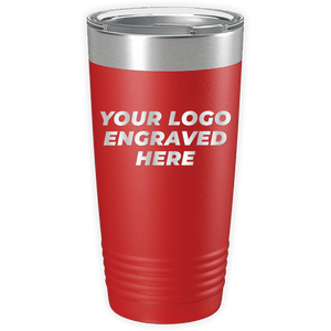A red stainless steel tumbler with a silver lid and the text "Kodiak Coolers Custom Logo 20 oz Tumblers - SPECIAL OFFER - Front side Logo Included" engraved on its side, making it a perfect promotional gift.
