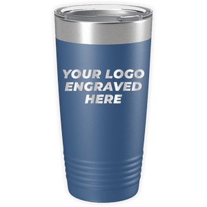 A blue Custom Logo 20 oz Tumblers - SPECIAL OFFER - Front side Logo Included with a silver lid and the text "Your Logo Engraved Here" printed on its side, perfect as a promotional gift or for those seeking personalized custom mugs by Kodiak Coolers.