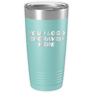 A tall, light blue insulated tumbler with a stainless steel lid and rim is shown. The words "Custom Logo 20 oz Tumblers - SPECIAL OFFER - Front side Logo Included" are printed on its surface, making it an ideal promotional gift from Kodiak Coolers.
