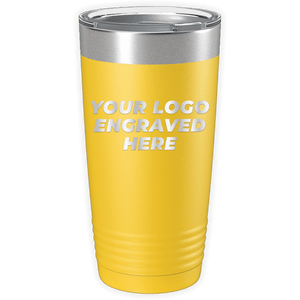 Yellow Custom Logo 20 oz Tumblers - SPECIAL OFFER - Front side Logo Included with a metallic lid, featuring the text "Your Logo Engraved Here" in white, showcasing a customizable space for branding. Ideal as a promotional gift or personalized mug for your business needs from Kodiak Coolers.
