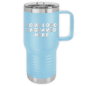 Light blue insulated Custom Logo 20 oz Insulated Travel Tumbler with a handle and a silver lid, featuring the text "your logo engraved here" on its side by Kodiak Coolers.