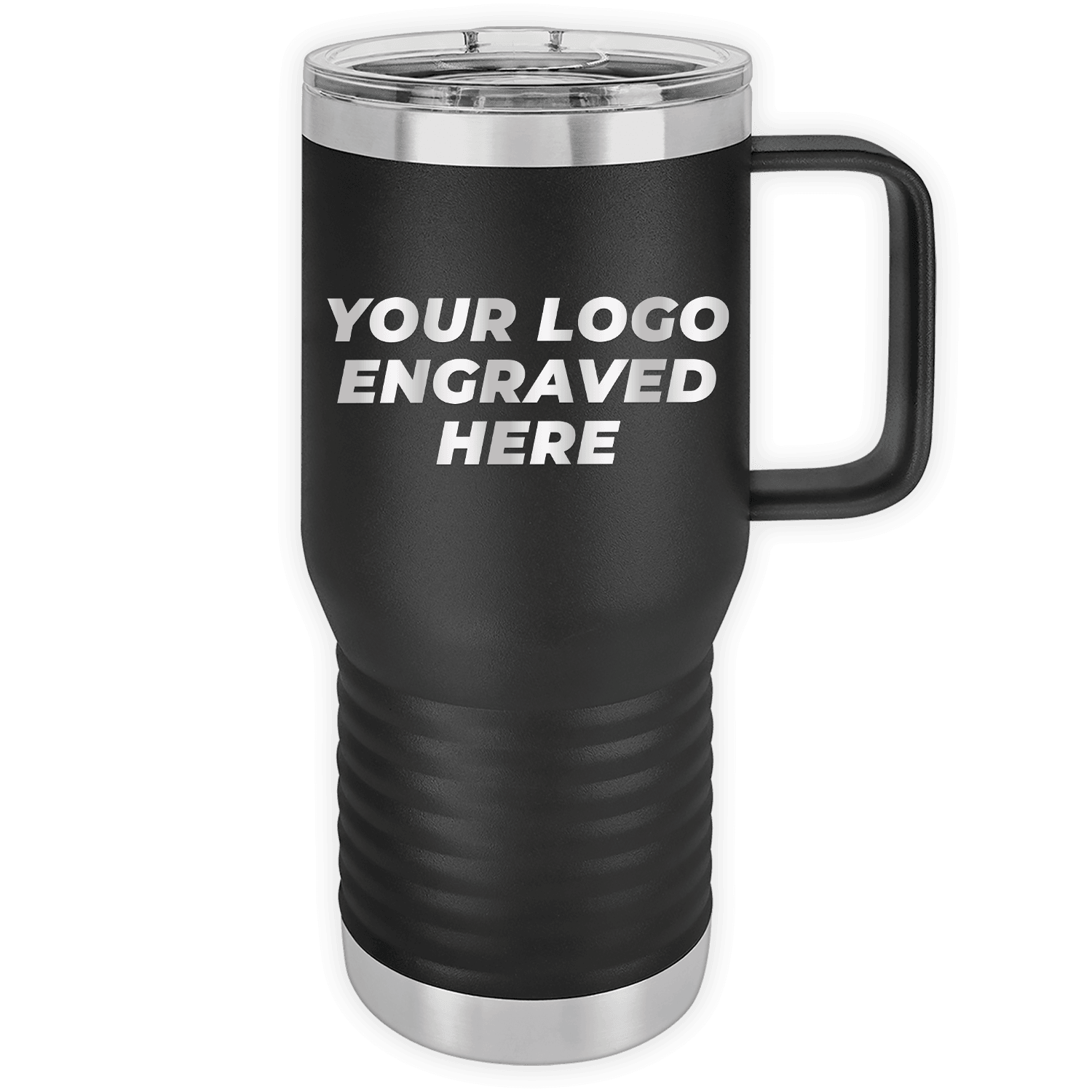 Black Custom Logo 20 oz Insulated Travel Tumbler with Built in Handle by Kodiak Coolers, featuring the text "custom printed with logo" in white on the side.