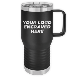 Black Custom Logo 20 oz Insulated Travel Tumbler with Built in Handle by Kodiak Coolers, featuring the text "custom printed with logo" in white on the side.
