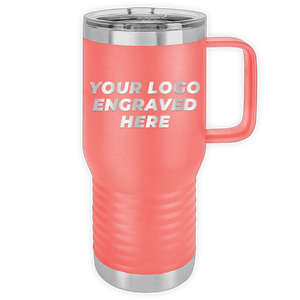 Red Kodiak Coolers Custom Logo 20 oz Insulated Travel Tumbler with Built in Handle - Front side Logo Included, designed as a promotional gift, against a grey background.