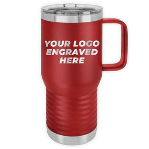 Red Custom Logo 20 oz Insulated Travel Tumbler with Built in Handle by Kodiak Coolers, with customizable text area saying "your logo engraved here" on a gray background, perfect as a promotional gift.