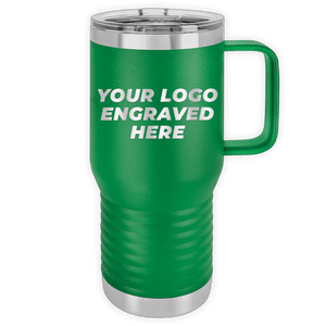 A green insulated travel mug with a handle, Custom Logo 20 oz Insulated Travel Tumbler with Built in Handle - Front side Logo Included custom printed with "your logo engraved here" in white on its side by Kodiak Coolers.