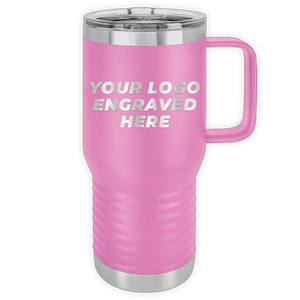 Pink Custom Logo 20 oz Insulated Travel Tumbler with Built in Handle by Kodiak Coolers, showcasing a custom printed design option.