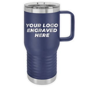 Blue Custom Logo 20 oz Insulated Travel Tumbler with Built in Handle - Front side Logo Included, custom printed with the text "your logo engraved here" in white letters by Kodiak Coolers.