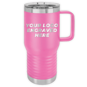 Pink Custom Logo 20 oz Insulated Travel Tumbler with Built in Handle by Kodiak Coolers, with the text "your logo engraved here" displayed in white, perfect as a promotional gift.