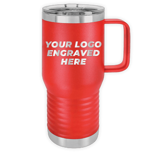 Red Custom Logo 20 oz Insulated Travel Tumbler with Built in Handle by Kodiak Coolers, featuring the text "your logo engraved here" in white letters, ideal as a promotional gift.