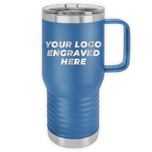 Blue Custom Logo 20 oz Insulated Travel Tumbler with Built in Handle - Front side Logo Included by Kodiak Coolers, ideal as a promotional gift.