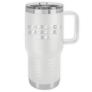 Stainless steel travel mug with a handle and a clear lid, custom printed with your logo on its side, replaced with Custom Logo 20 oz Insulated Travel Tumbler with Built in Handle - Front side Logo Included by Kodiak Coolers.