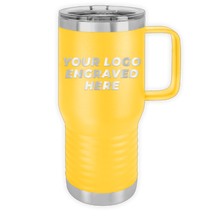 Yellow Custom Logo 20 oz Insulated Travel Tumbler with Built in Handle and Metal Lid by Kodiak Coolers, ideal as a promotional gift.