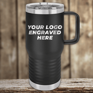 A black Kodiak Coolers travel mug with handle and clear lid sits on a wooden surface. "Realtor Closing Gifts for Clients - Your Custom Company Logo Engraved on Drinkware" is printed on the front, perfect for promotional gifts.