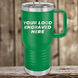 A green Kodiak Coolers travel mug with handle and silver rim, engraved with "Your Custom Company Logo," sits on a wooden surface—ideal as a Realtor Closing Gift for Clients or customizable drinkware.