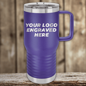 A purple Kodiak Coolers travel mug with a handle, silver lid and base, and "Your Custom Company Logo Engraved on Drinkware"—a perfect Realtor closing gift for clients—displayed on a wooden background. Ideal for personalized promo orders.