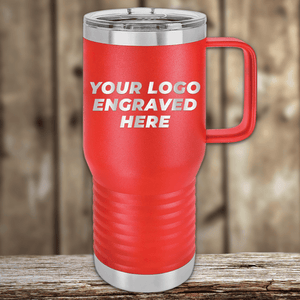 Kodiak Coolers Realtor Closing Gifts for Clients—custom company logo engraved on insulated red travel mug with handle, ideal as personalized drinkware or standout promotional gift, shown against a blurred wooden background.