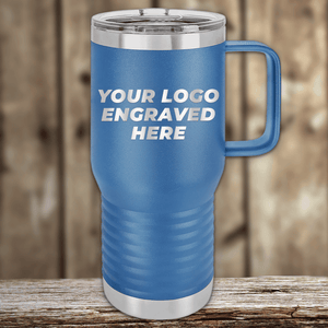 The Kodiak Coolers Realtor Closing Gifts for Clients features your custom company logo engraved on drinkware. This blue travel mug with handle and stainless steel accents makes an ideal personalized promotional gift for clients.