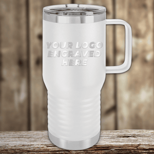 The Kodiak Coolers Realtor Closing Gift is a white travel mug with a clear lid and large handle, engraved with your custom company logo—a perfect promotional drinkware gift for clients.
