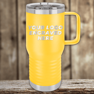 Kodiak Coolers yellow insulated travel mug with handle, engraved with your custom company logo—ideal as Realtor closing gifts for clients or promotional drinkware—displayed on a wooden surface with a blurred wooden background.