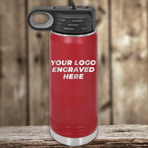 A Kodiak Coolers insulated water bottle with a black lid and custom company logo engraving is perfect as a Realtor closing gift for clients or for pairing with branded mugs.