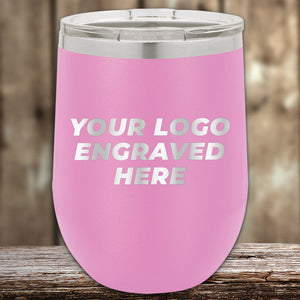 Pink Custom Wine Cups 12 oz with your Logo or Design Engraved - Low 6 Piece Order Minimal Sample Volume displayed on a wooden surface.