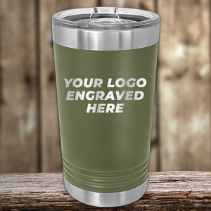 A modern yellow Kodiak Coolers tumbler with your Custom Pint Glasses 16 oz with your Logo or Design Engraved - Special Bulk Wholesale Volume Pricing engraved on it.
