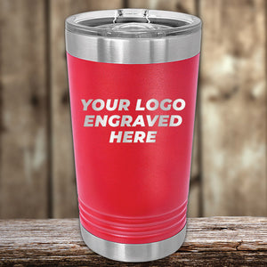 Kodiak Coolers Red stainless steel Custom Pint Tumblers 16 oz with Slider Lid with customizable logo area on a wooden surface.