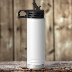 A Custom Water Bottles 20 oz with your Logo or Design Engraved - Special Black Friday Sale Volume Pricing - LIMITED TIME by Kodiak Coolers sitting on a wooden table.
