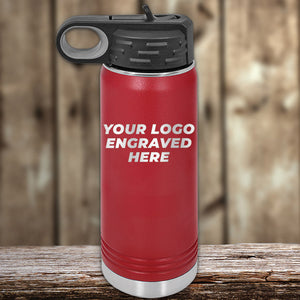 A red Custom Water Bottle 20 oz with your Logo or Design Engraved - Special Bulk Wholesale Volume Pricing and Kodiak Coolers brand on it.