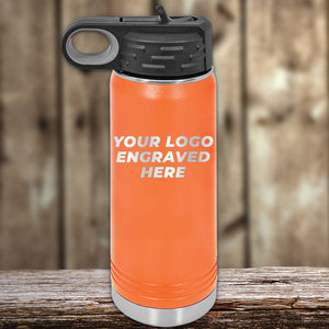 An orange Kodiak Coolers stainless steel water bottle with the words Custom Water Bottles 20 oz with your Logo or Design Engraved - Special Black Friday Sale Volume Pricing - LIMITED TIME laser engraved here.