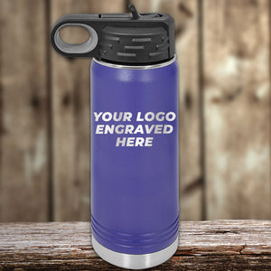 A purple Custom Water Bottles 20 oz with your logo laser engraved on it from Kodiak Coolers.