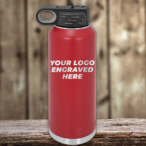 Red Kodiak Coolers custom water bottle with an option for custom engraving displayed on a wooden surface.