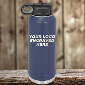 Blue Custom Water Bottles 40 oz with your Logo or Design Engraved displayed on a wooden surface, perfect as promotional items by Kodiak Coolers.