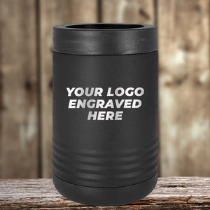 Black insulated Custom Standard Can Holder with your Logo or Design Engraved displayed on a wooden surface from Kodiak Coolers.
