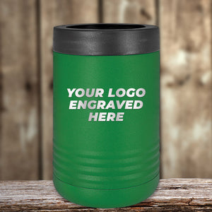 Green Custom Standard Can Holder with your Logo or Design Engraved - Low 6 Piece Order Minimal Sample Volume by Kodiak Coolers on a wooden surface.