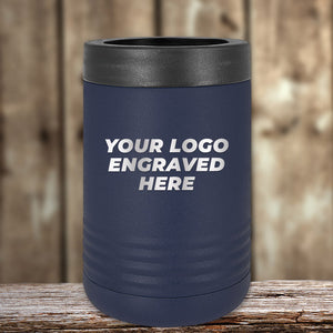A Custom Standard Can Holder with your Logo or Design Engraved - Low 6 Piece Order Minimal Sample Volume from Kodiak Coolers displayed on a wooden surface.