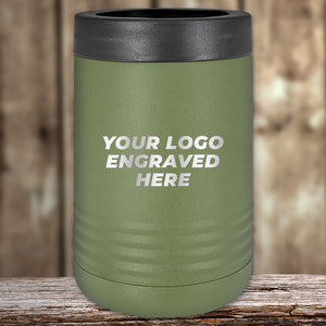 Green insulated can holder with your logo or design engraved displayed on a wooden surface.